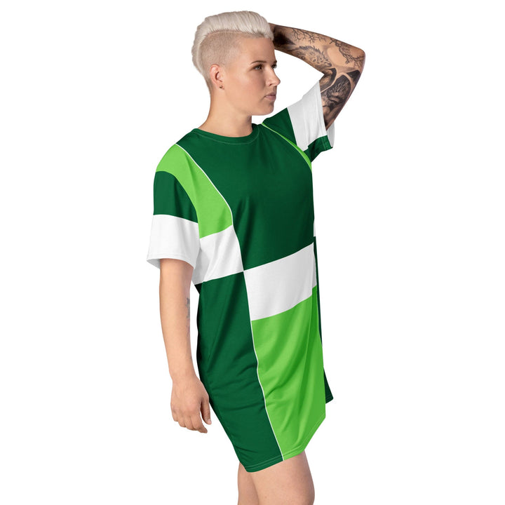 Womens Graphic T-shirt Dress - Green White Colorblock Grid Lines-3