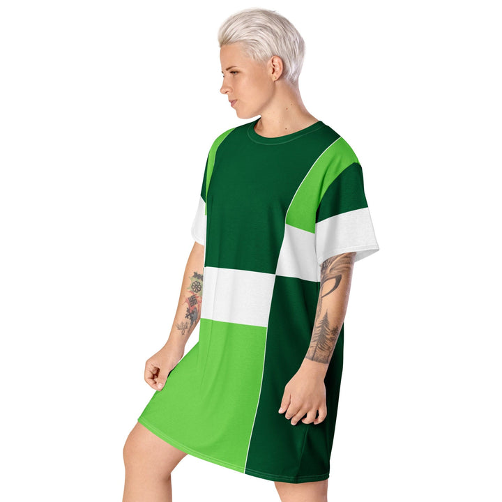 Womens Graphic T-shirt Dress - Green White Colorblock Grid Lines-2