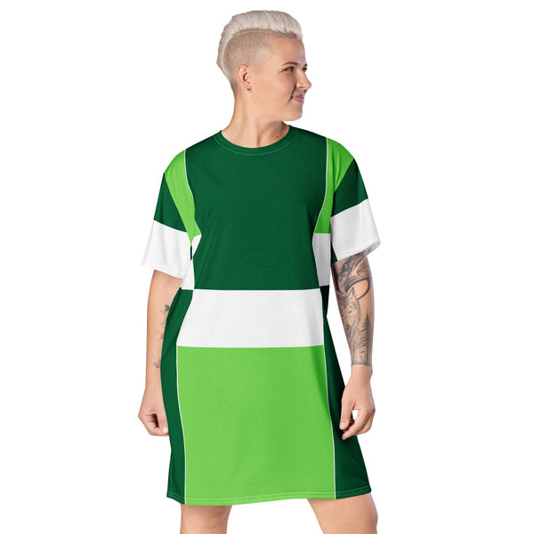 Womens Graphic T-shirt Dress - Green White Colorblock Grid Lines-0