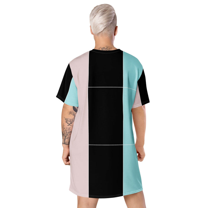 Womens Graphic T-shirt Dress - Pastel Pink Black Blue Colorblock Lines-1