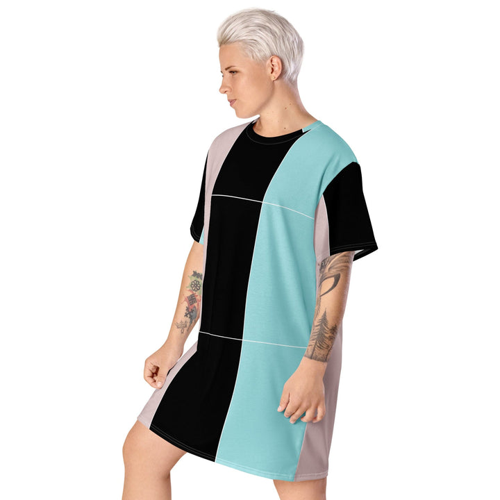 Womens Graphic T-shirt Dress - Pastel Pink Black Blue Colorblock Lines-2