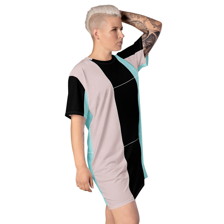 Womens Graphic T-shirt Dress - Pastel Pink Black Blue Colorblock Lines-3