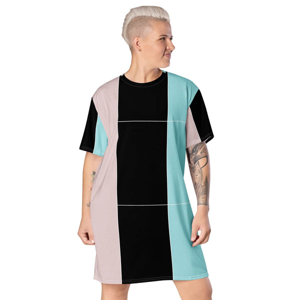 Womens Graphic T-shirt Dress - Pastel Pink Black Blue Colorblock Lines-0