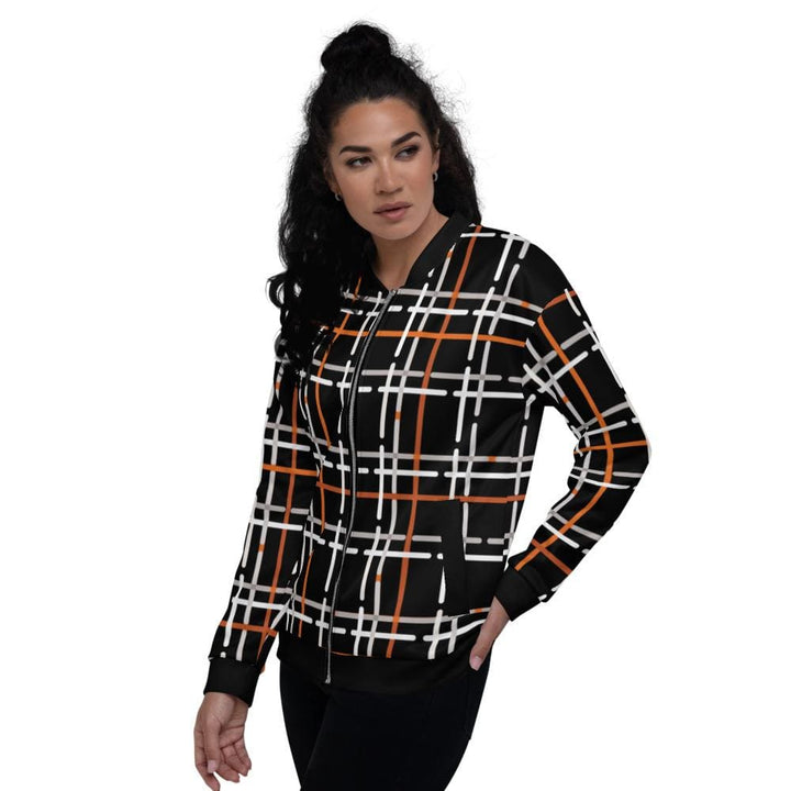 Womens Jacket - Black and Orange Tartan Style Bomber Jacket-3