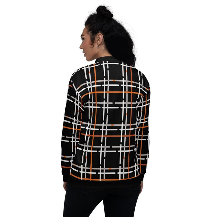 Womens Jacket - Black and Orange Tartan Style Bomber Jacket-1