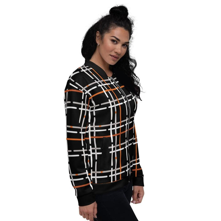 Womens Jacket - Black and Orange Tartan Style Bomber Jacket-2