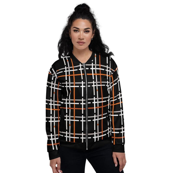 Womens Jacket - Black and Orange Tartan Style Bomber Jacket-0