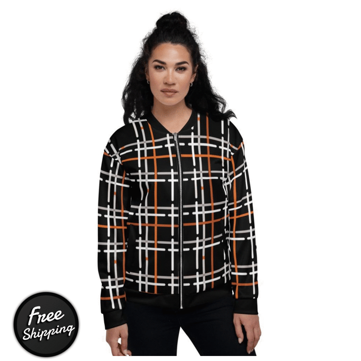 Womens Jacket - Black and Orange Tartan Style Bomber Jacket-4