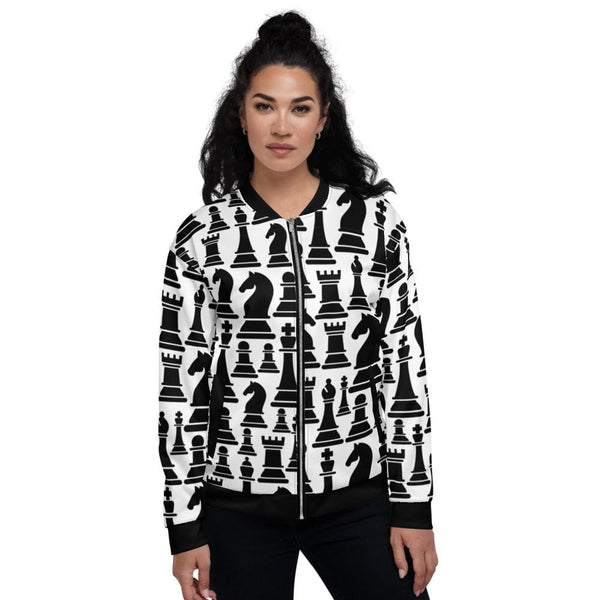 Womens Jacket - Black and White Chess Style Bomber Jacket-0