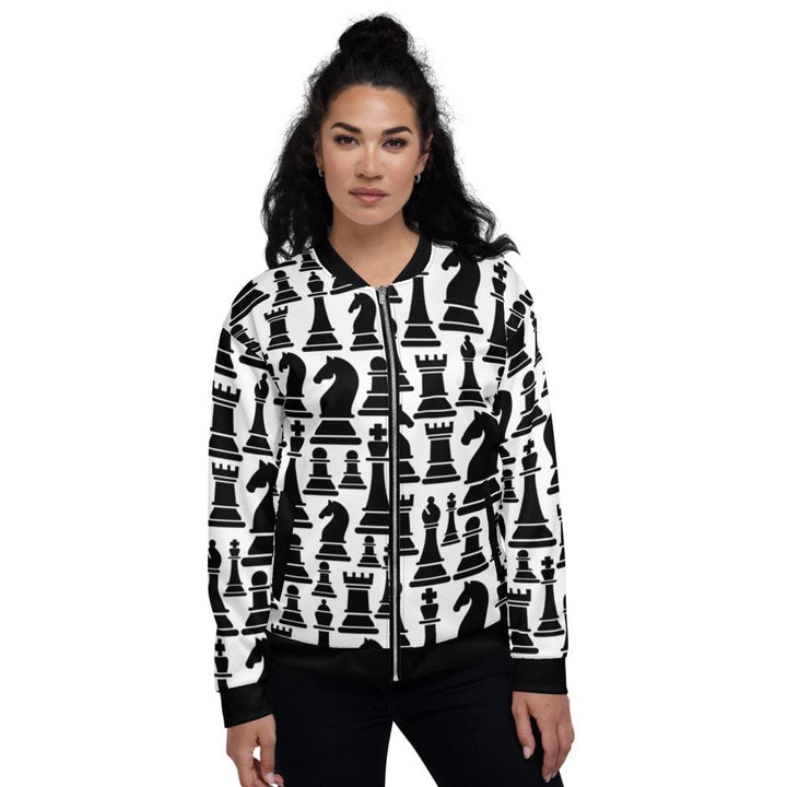 Womens Jacket - Black and White Chess Style Bomber Jacket-0