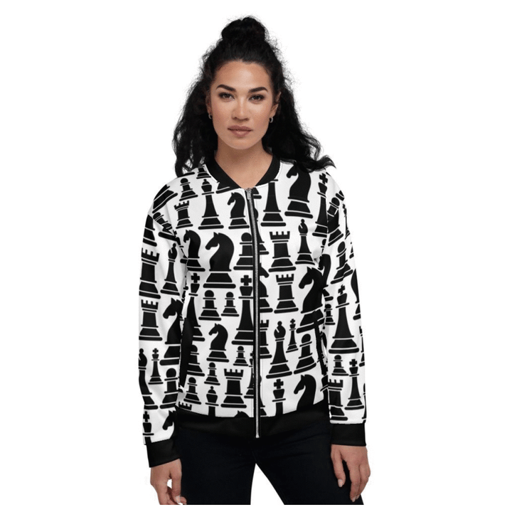 Womens Jacket - Black and White Chess Style Bomber Jacket-4