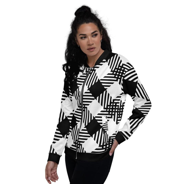 Womens Jacket - Black and White Grid Style Bomber Jacket-3