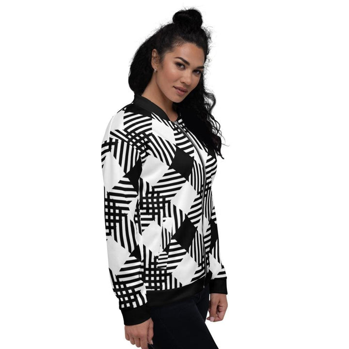 Womens Jacket - Black and White Grid Style Bomber Jacket-2