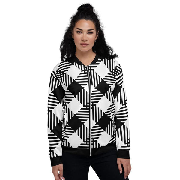 Womens Jacket - Black and White Grid Style Bomber Jacket-0