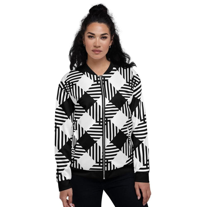 Womens Jacket - Black and White Grid Style Bomber Jacket-0