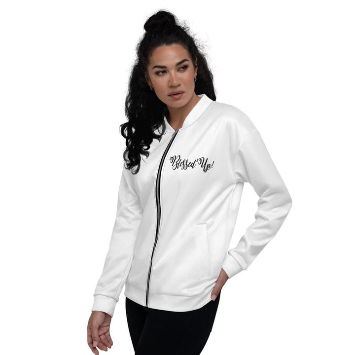 Womens Jacket - Blessed Up Graphic Text Bomber Jacket-2