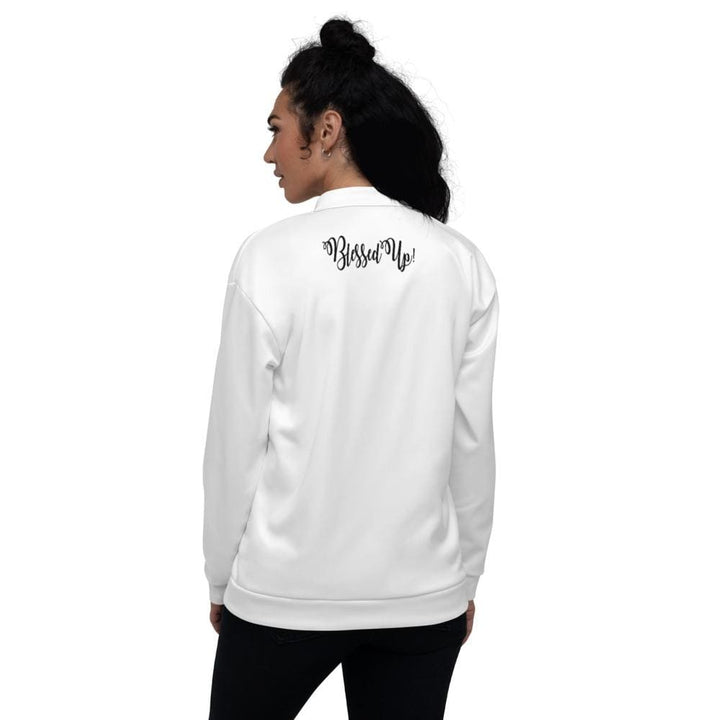 Womens Jacket - Blessed Up Graphic Text Bomber Jacket-1