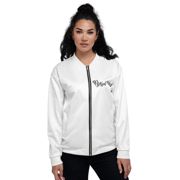 Womens Jacket - Blessed Up Graphic Text Bomber Jacket-0