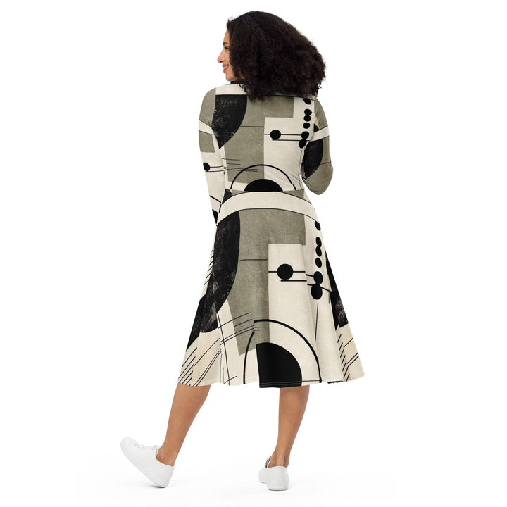 Womens Long Sleeve Midi Dress - Abstract Black Beige Brown Geometric-1