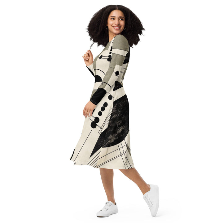 Womens Long Sleeve Midi Dress - Abstract Black Beige Brown Geometric-2