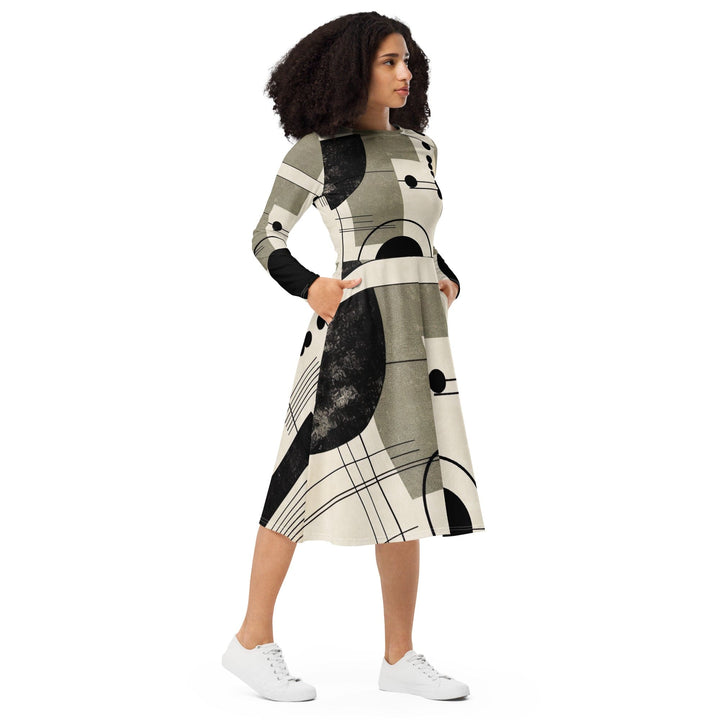 Womens Long Sleeve Midi Dress - Abstract Black Beige Brown Geometric-3