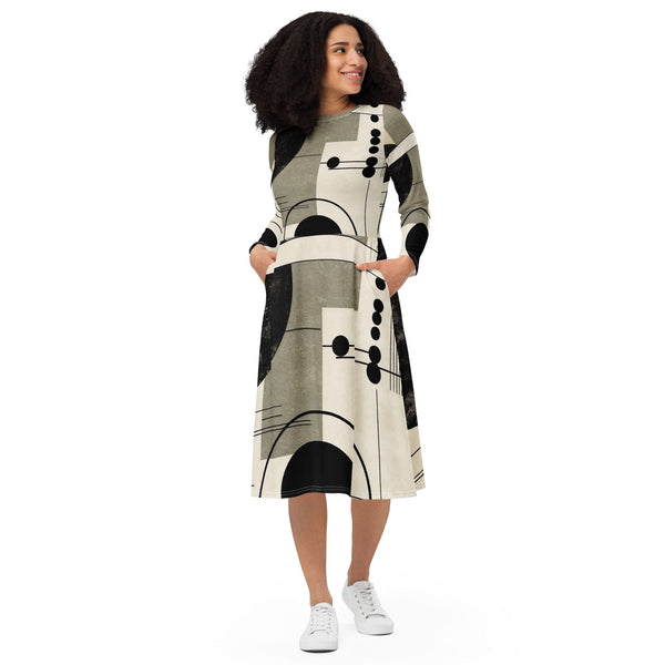Womens Long Sleeve Midi Dress - Abstract Black Beige Brown Geometric-0