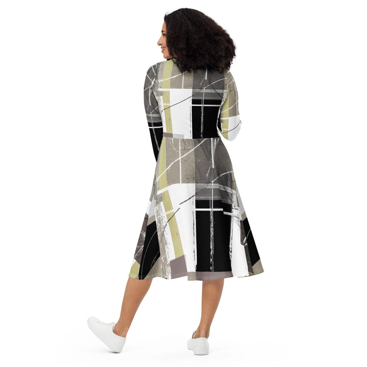 Womens Long Sleeve Midi Dress - Abstract Brown Geometric Shapes-1
