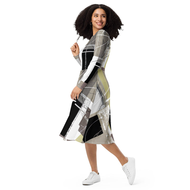 Womens Long Sleeve Midi Dress - Abstract Brown Geometric Shapes-2