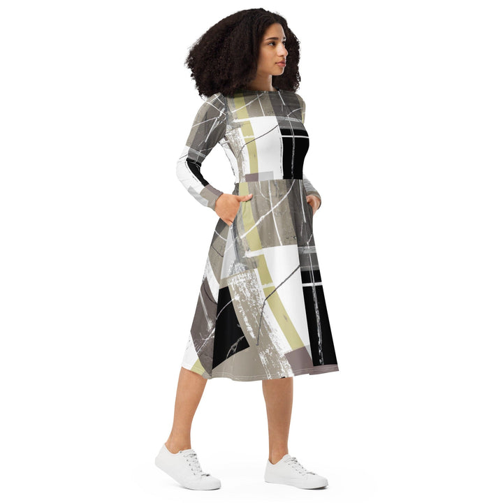 Womens Long Sleeve Midi Dress - Abstract Brown Geometric Shapes-3