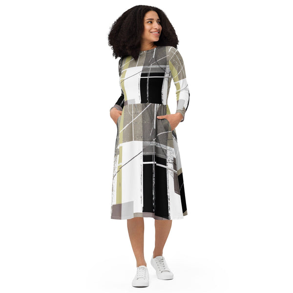 Womens Long Sleeve Midi Dress - Abstract Brown Geometric Shapes-0