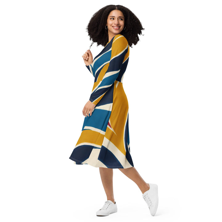 Womens Long Sleeve Midi Dress - Abstract Multicolor Swirl Line Pattern-2