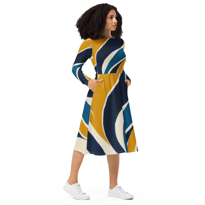 Womens Long Sleeve Midi Dress - Abstract Multicolor Swirl Line Pattern-3