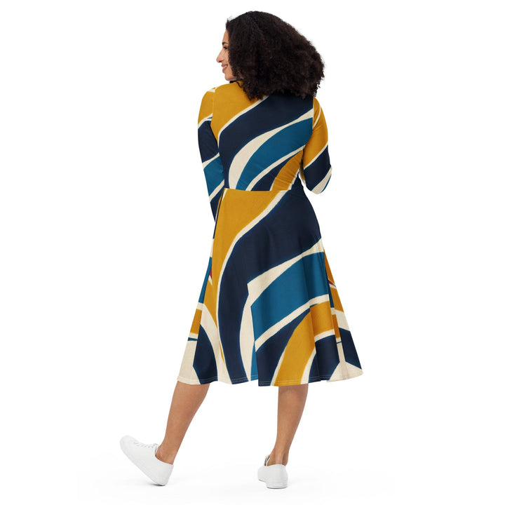 Womens Long Sleeve Midi Dress - Abstract Multicolor Swirl Line Pattern-4