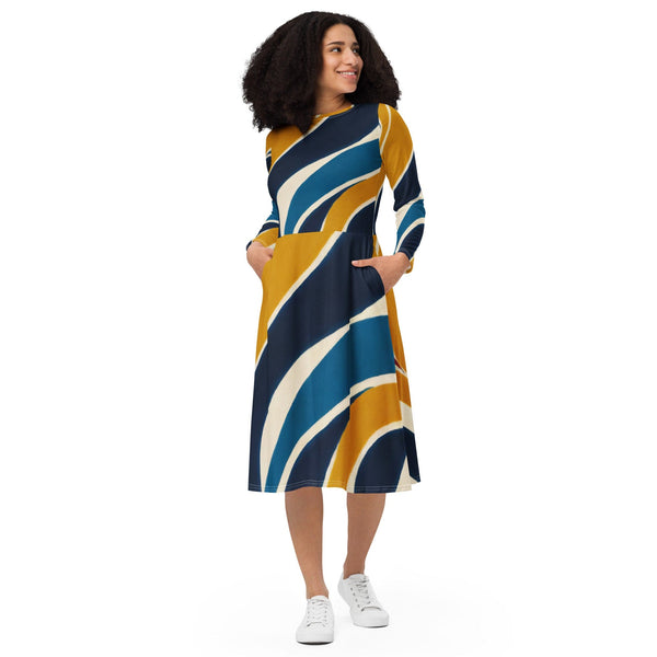 Womens Long Sleeve Midi Dress - Abstract Multicolor Swirl Line Pattern-0