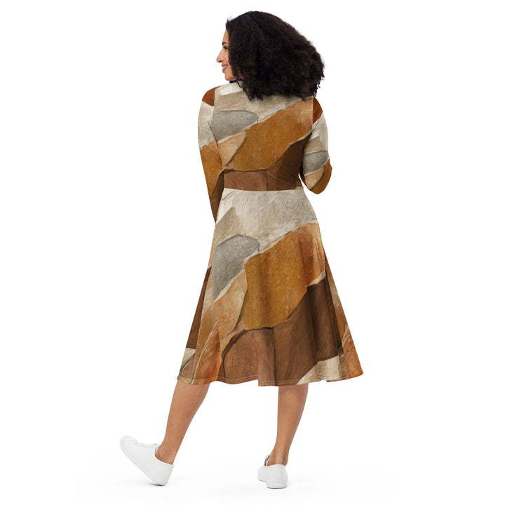 Womens Long Sleeve Midi Dress - Abstract Stone Print-1