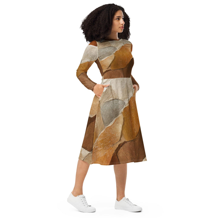 Womens Long Sleeve Midi Dress - Abstract Stone Print-3