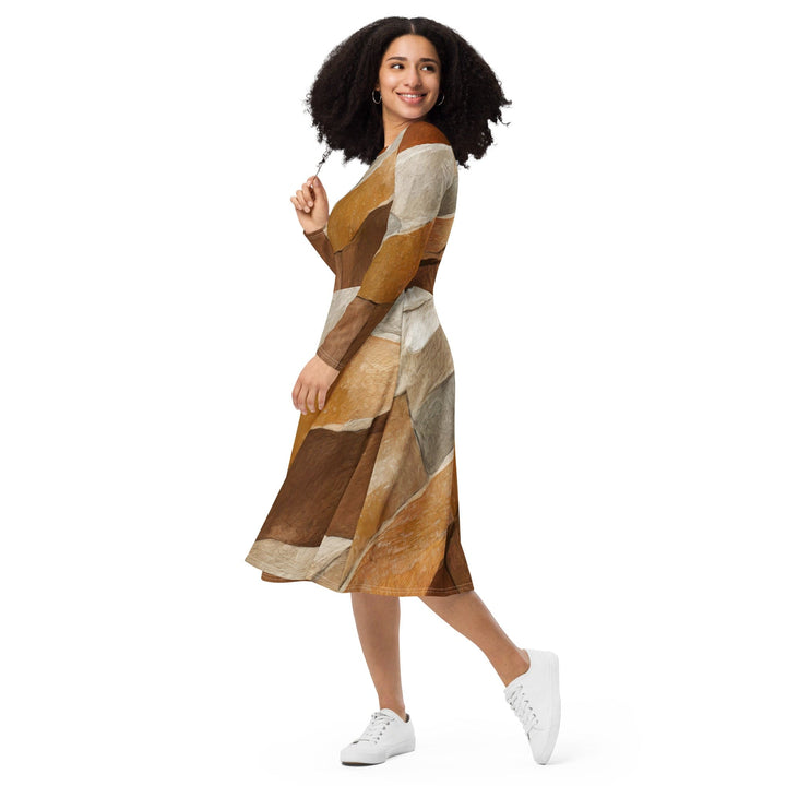 Womens Long Sleeve Midi Dress - Abstract Stone Print-2