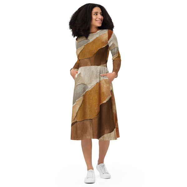 Womens Long Sleeve Midi Dress - Abstract Stone Print-0