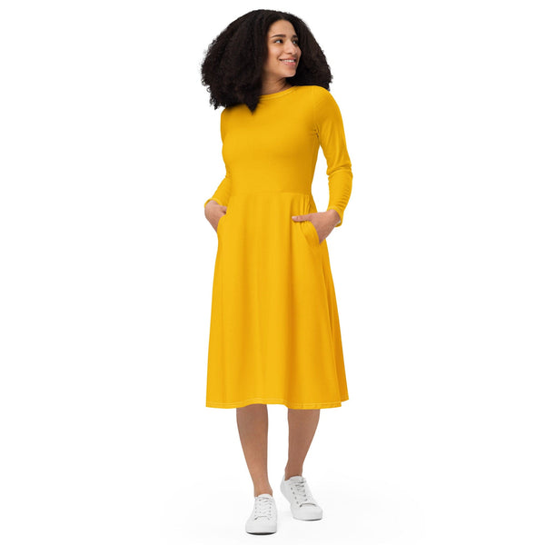 Womens Long Sleeve Midi Dress - Golden Yellow-0