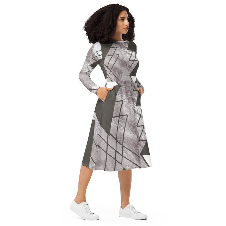 Womens Long Sleeve Midi Dress - Ash Grey and White Triangular-3