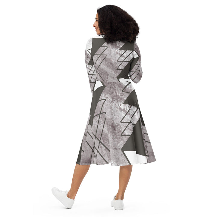 Womens Long Sleeve Midi Dress - Ash Grey and White Triangular-4