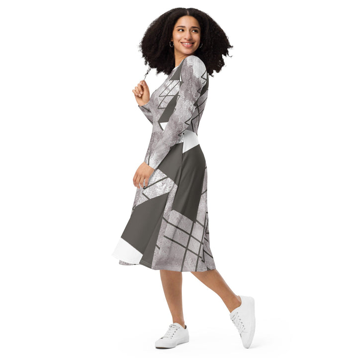 Womens Long Sleeve Midi Dress - Ash Grey and White Triangular-2