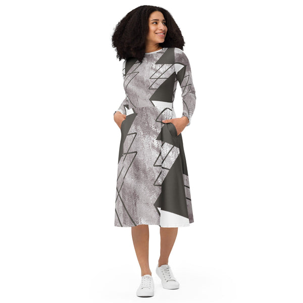 Womens Long Sleeve Midi Dress - Ash Grey and White Triangular-0