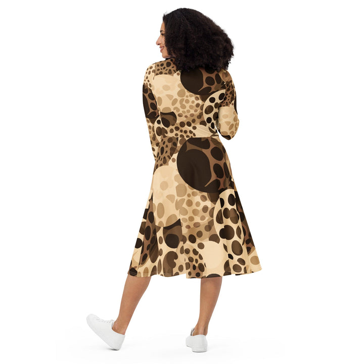 Womens Long Sleeve Midi Dress - Beige Brown Spotted Print-1