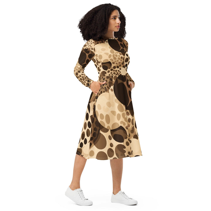 Womens Long Sleeve Midi Dress - Beige Brown Spotted Print-3