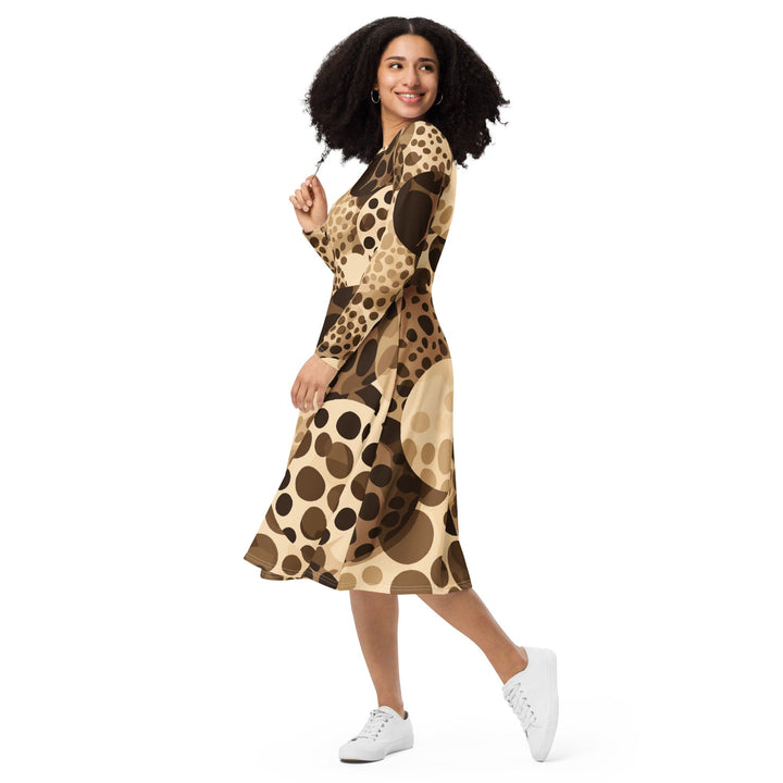 Womens Long Sleeve Midi Dress - Beige Brown Spotted Print-2