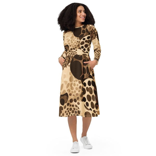 Womens Long Sleeve Midi Dress - Beige Brown Spotted Print-0