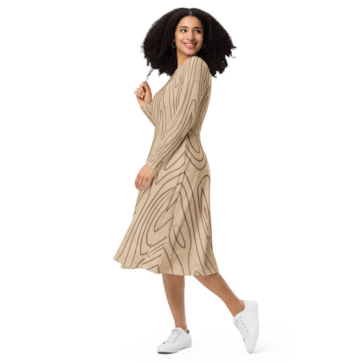 Womens Long Sleeve Midi Dress - Beige Brown Tree Sketch Lines-2