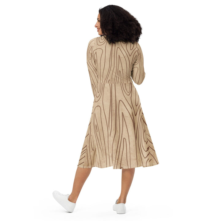 Womens Long Sleeve Midi Dress - Beige Brown Tree Sketch Lines-1