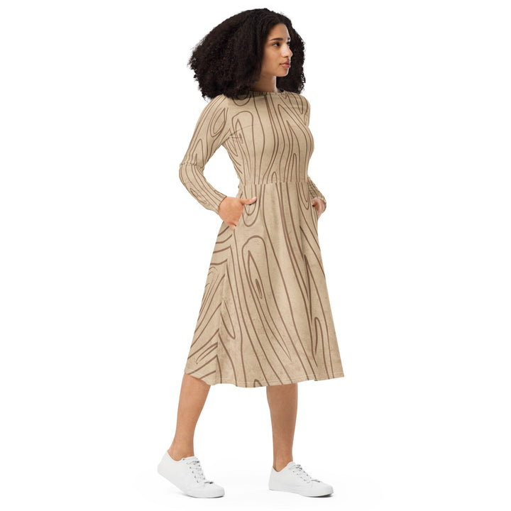 Womens Long Sleeve Midi Dress - Beige Brown Tree Sketch Lines-3